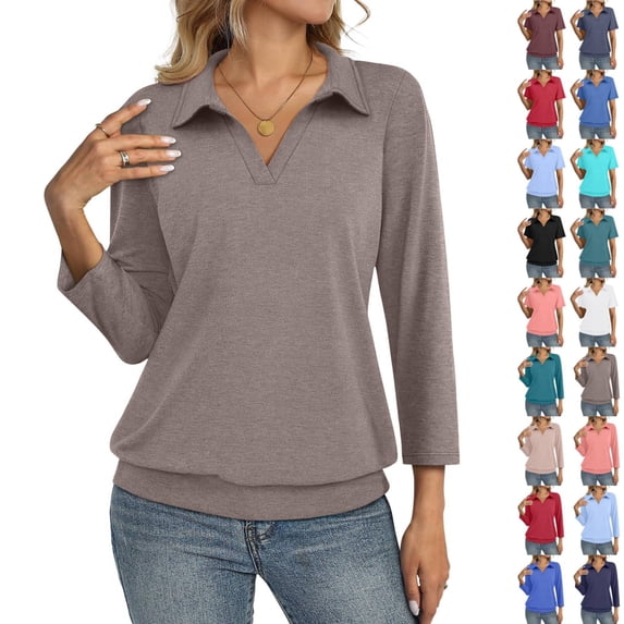 Polo Shirts for Women Collared V Neck Banded Bottom Long Sleeve Basic Knit Pullover Blouses Light Brown 2XL