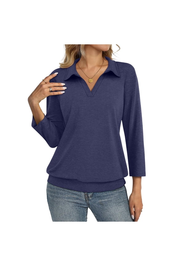 Polos for Women Collared V Neck Banded Bottom Long Sleeve Basic Knit Pullover Blouses Navy S