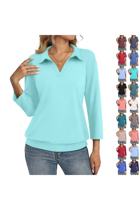 Polo Shirts for Women Collared V Neck Banded Bottom Long Sleeve Basic Knit Pullover Blouses Turquoise 2XL