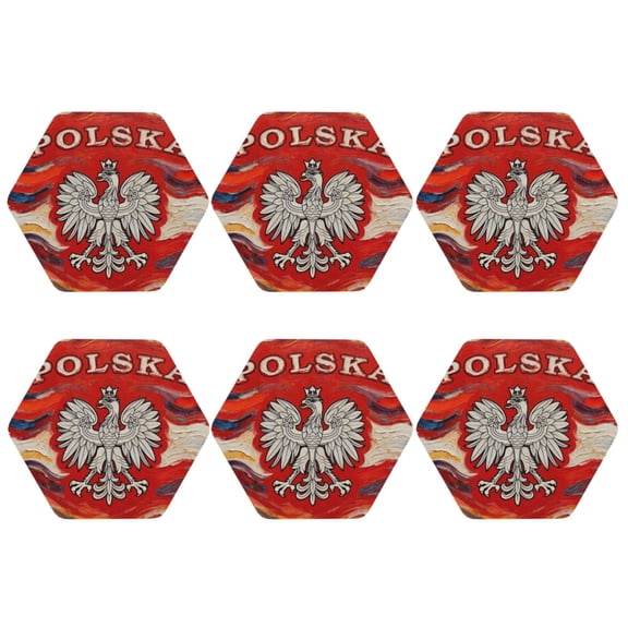Polska-Eagle Logo Leather Coasters for Drinks Perfect for Living Room, Kitchen, or Outdoor Use Set of 6 Hexagon