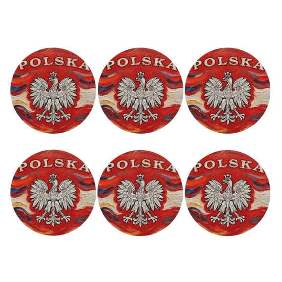 Polska-Eagle Logo Leather Coasters for Drinks Perfect for Living Room, Kitchen, or Outdoor Use Set of 6 Round Shape