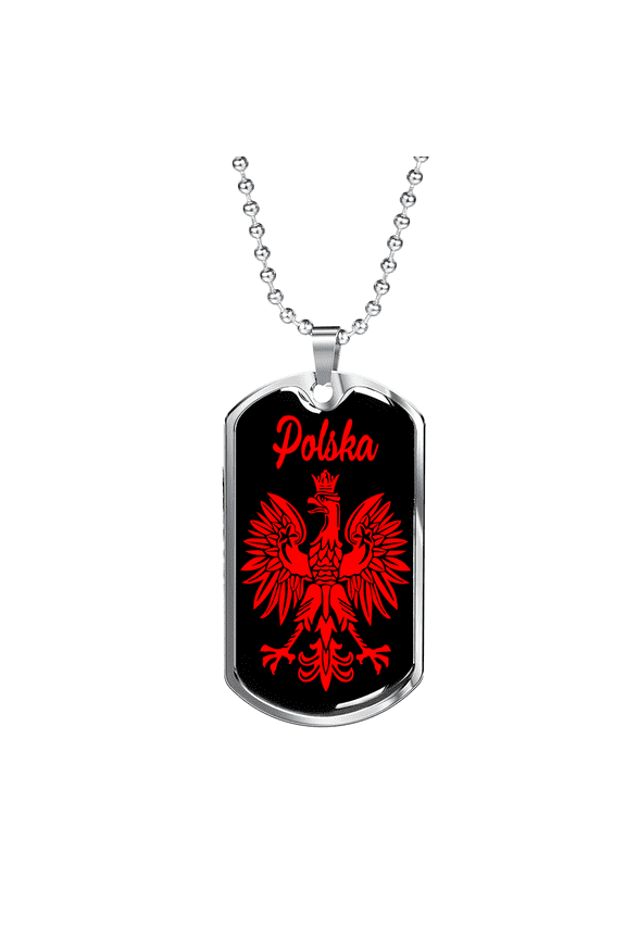Polska Poland Eagle Dog Tag Necklace Stainless Steel 24" Chain Silver Tone or Gold Tone