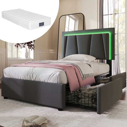 Polsterbed with LED lighting and 2 drawers, height-adjustable headboard, single bed 90x200cm storage bed frame, wooden slatted base, Garu (with mattress)