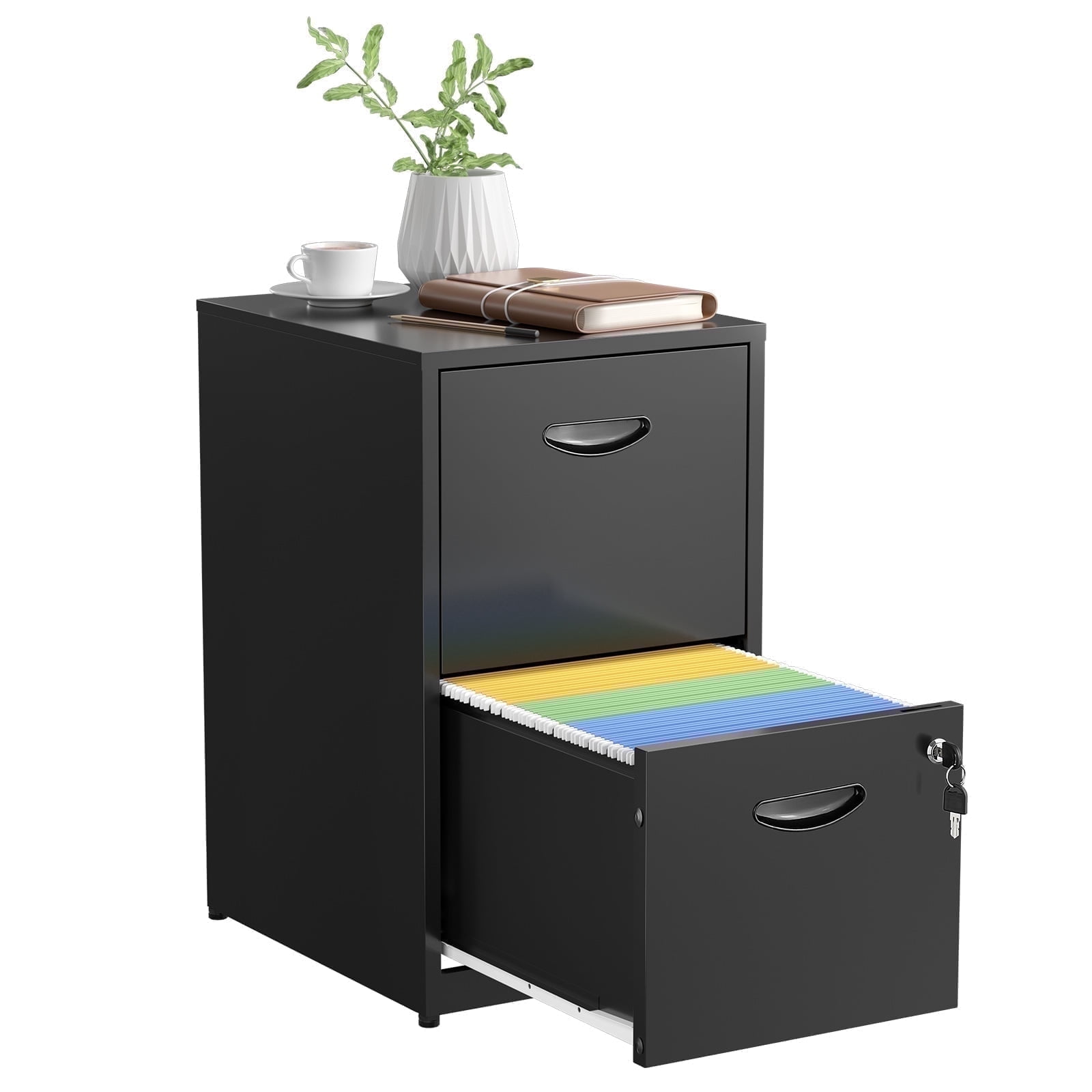 Black 26'' Vertical Metal 2 Drawer Lockable File Cabinet