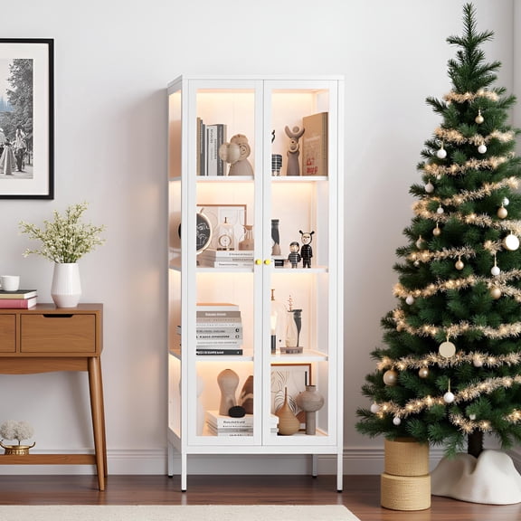 Polup 3 Side Glass Display Cabinet, Modern, 8 Color LED Lights, Tempered Glass, Metal, Metal 66"Tall White Display Case