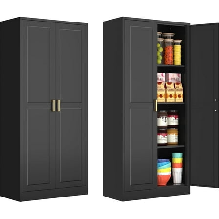 Polup 60'' Tall Metal Pantry Cabinet Cupboards with Doors Adjustable Shelves Black Cabinet Office
