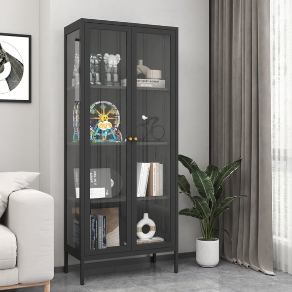 Polup 66"H Black Glass Cabinet with 4 Adjustable Shelves Metal Dispay Curio Cabinet