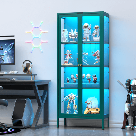 Polup 66''H Metal Curio Cabinet with 8-Color LED Lights, Vertical Display Cabinet, Green Storage Cabinet with 4-Tier Shelves & Glass Doors for Home Office