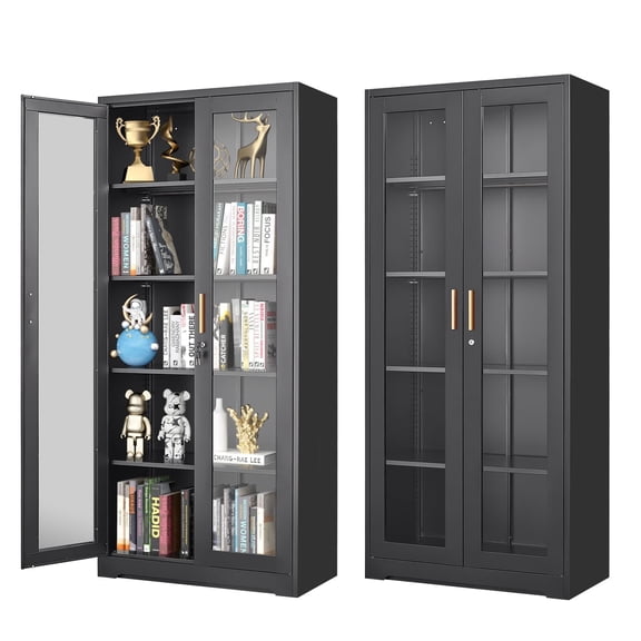 SteeLoong 71''H Black Metal Display Cabinet with Glass Doors and Adjustable Shelves Modern Cabinet Kitchen