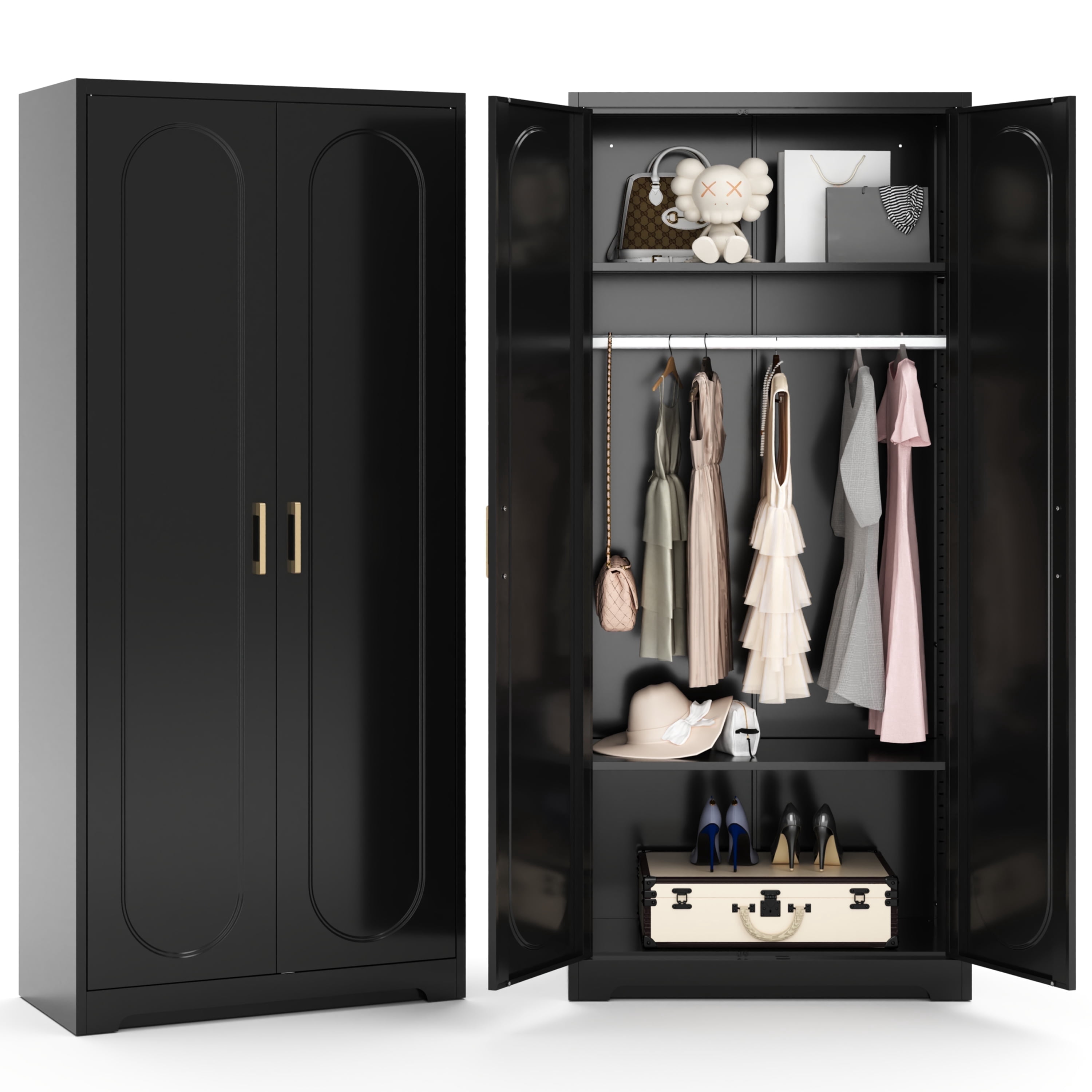 Polup 71" H Modern Steel Sturdy Armoire Cabinet with Shelves and Hanging Rod, Adult Bedroom Wardrobe Closet with Doors