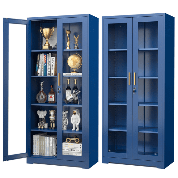 Polup 71'' H Blue Modern Metal Display Cabinet with Glass Doors and Adjustable Shelves China Cabinet Kitchen