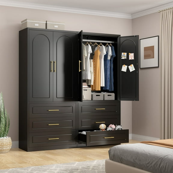 Polup 71“ H Metal Armoire Wardrobe Closet with 3 Drawers, Adult Large Wardrobe Cabinets with Hanging Rod