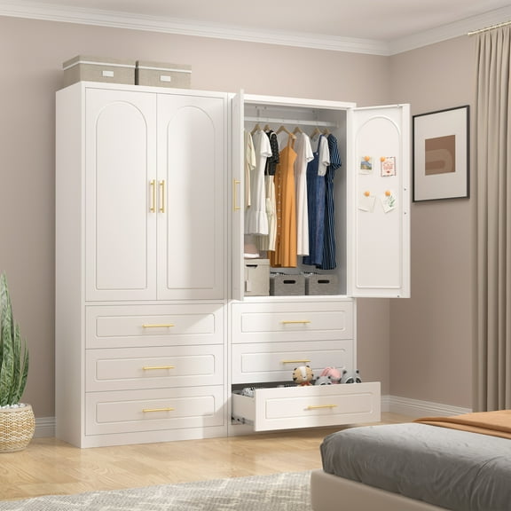 Polup 71“ Tall  Metal Sturdy Armoire Wardrobe Closet with Three Drawers, White Wardrobes with Doors and Shelves