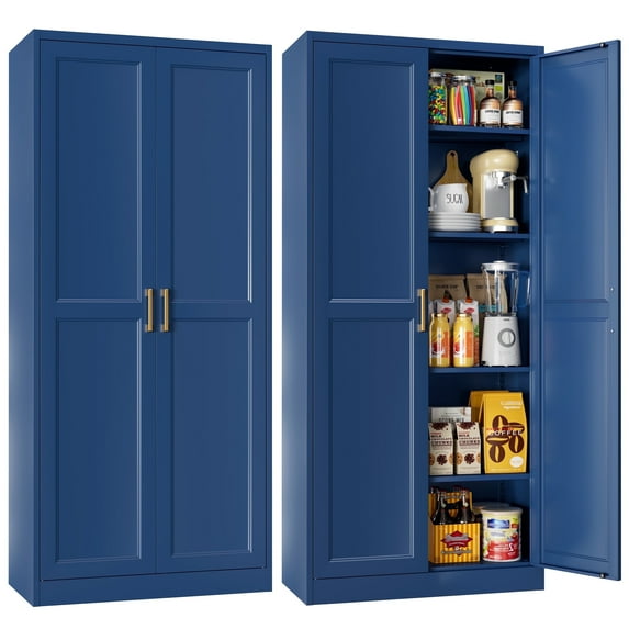 Polup 71" Height Metal Blue Storage Cabinet, Modern Steel Pantry Cupboard with 2 Doors and Adjustable Shelves for Kitchen Garage and Home