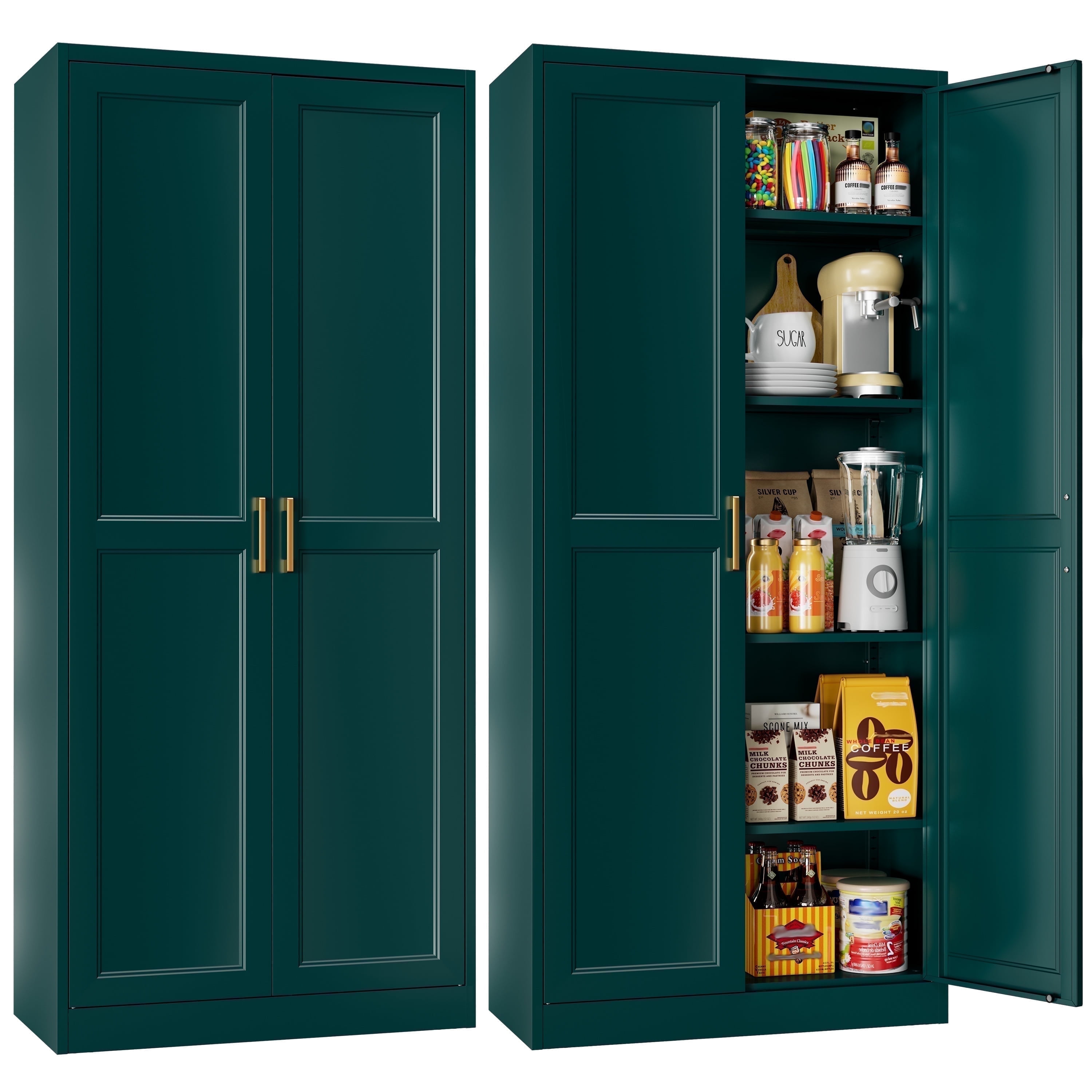 Polup 71" Height Metal Green Storage Cabinet, Modern Tall Steel Pantry Cupboard with 2 Doors and Adjustable Shelves for Kitchen Garage and Home