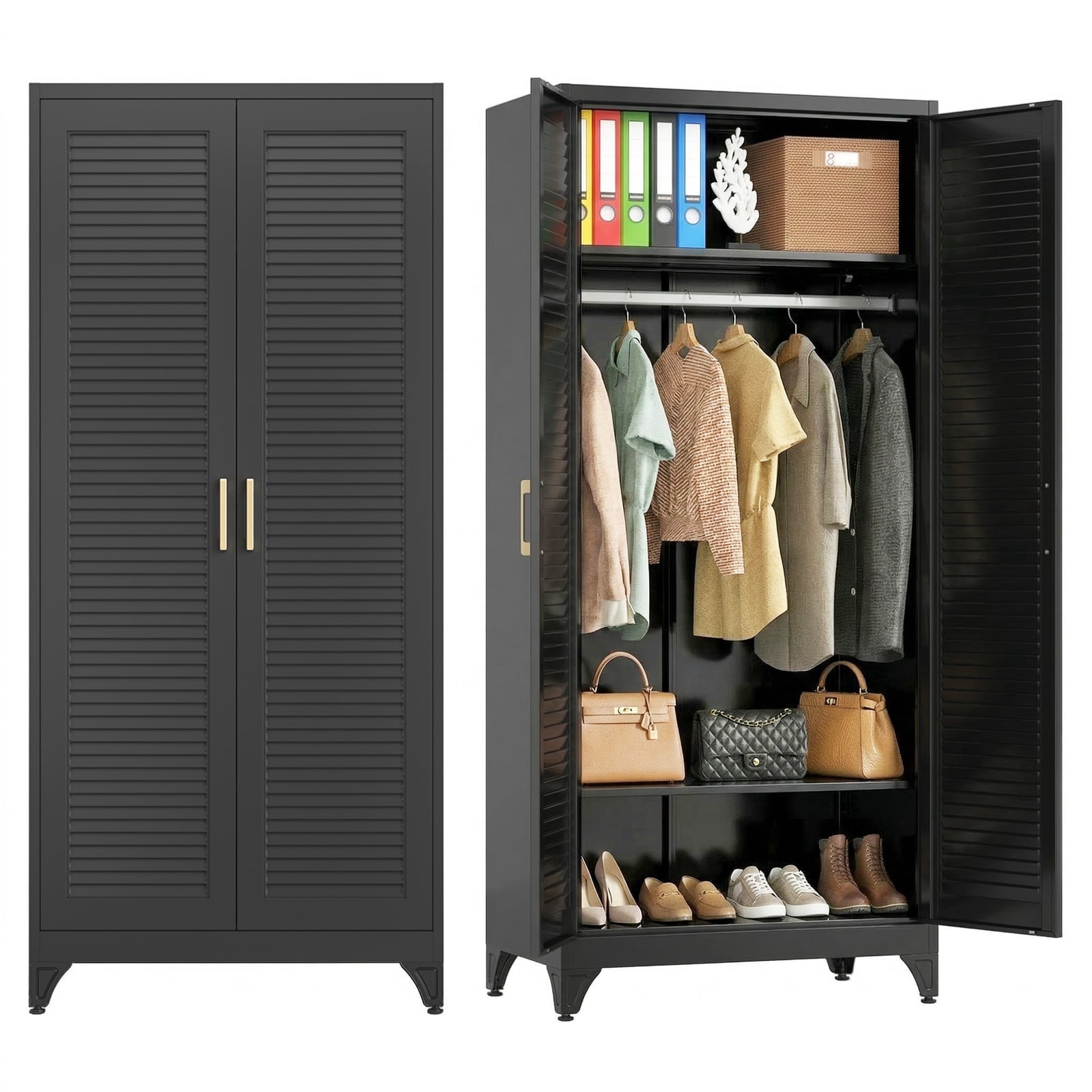 Polup 71" H Modern Steel Sturdy Armoire Cabinet with Shelves and Hanging Rod, Bedroom Wardrobe Closet with Doors Black