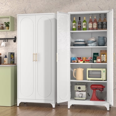 Polup 75" Height White Metal Pantry Storage Cabinet with 2 Doors, 4 Adjustable Shelves for Kitchen Garage Home