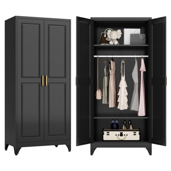 Polup 71" H Modern Steel Sturdy Armoire Cabinet with Shelves and Hanging Rod, Bedroom Wardrobe Closet with Doors