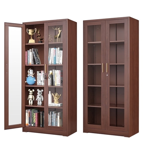 Polup 71''Tall Mahogany Metal Kitchen Display Cabinet with Glass Doors, Display Case with Lock and Shelves
