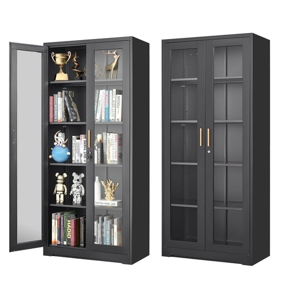 Polup 71'' H Black Modern Metal Display Cabinet with Glass Doors and Shelves China Cabinet Kitchen