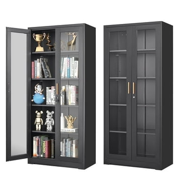 Polup 71'' H Black Modern Metal Display Cabinet with Glass Doors and Shelves Display Case