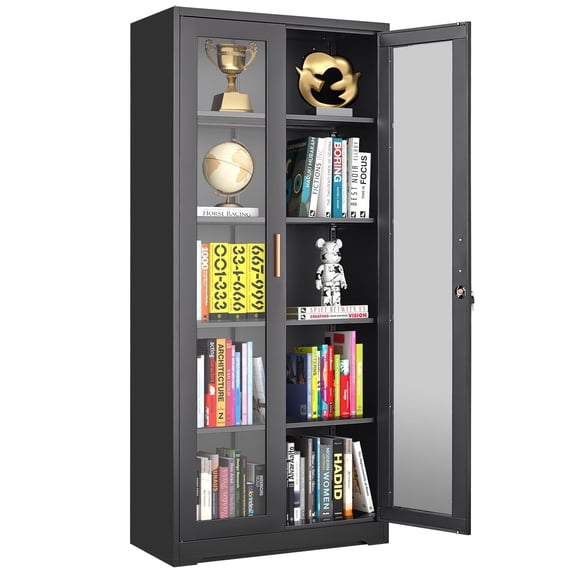 Polup 71'' H Black Modern Metal Display Cabinet with Glass Doors and Adjustable Shelves China Cabinet Kitchen