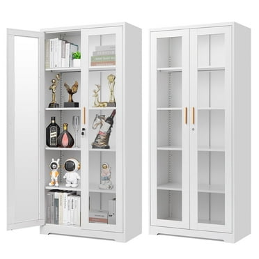 Polup 71''Tall Metal Display Cabinet with Glass Doors, White Kitchen Case with Lock and Adjustable Shelves