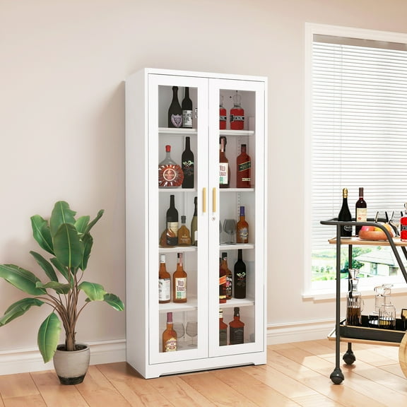 Polup 71''Tall Metal Display Cabinet with Glass Doors, White Kitchen Case with Lock and Adjustable Shelves