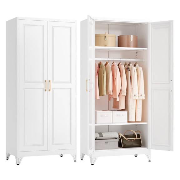 Polup 71" H Modern Metal Sturdy Armoire Cabinet with Shelves and Hanging Rod, Adult Bedroom Wardrobe Closet with Doors