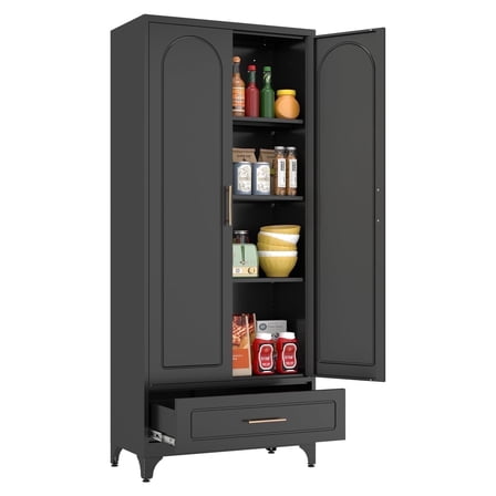 Polup 75" H Metal Black Kitchen Pantry Storage Cabinets with Drawers, Doors and Shelves, Steel Large Cupboard