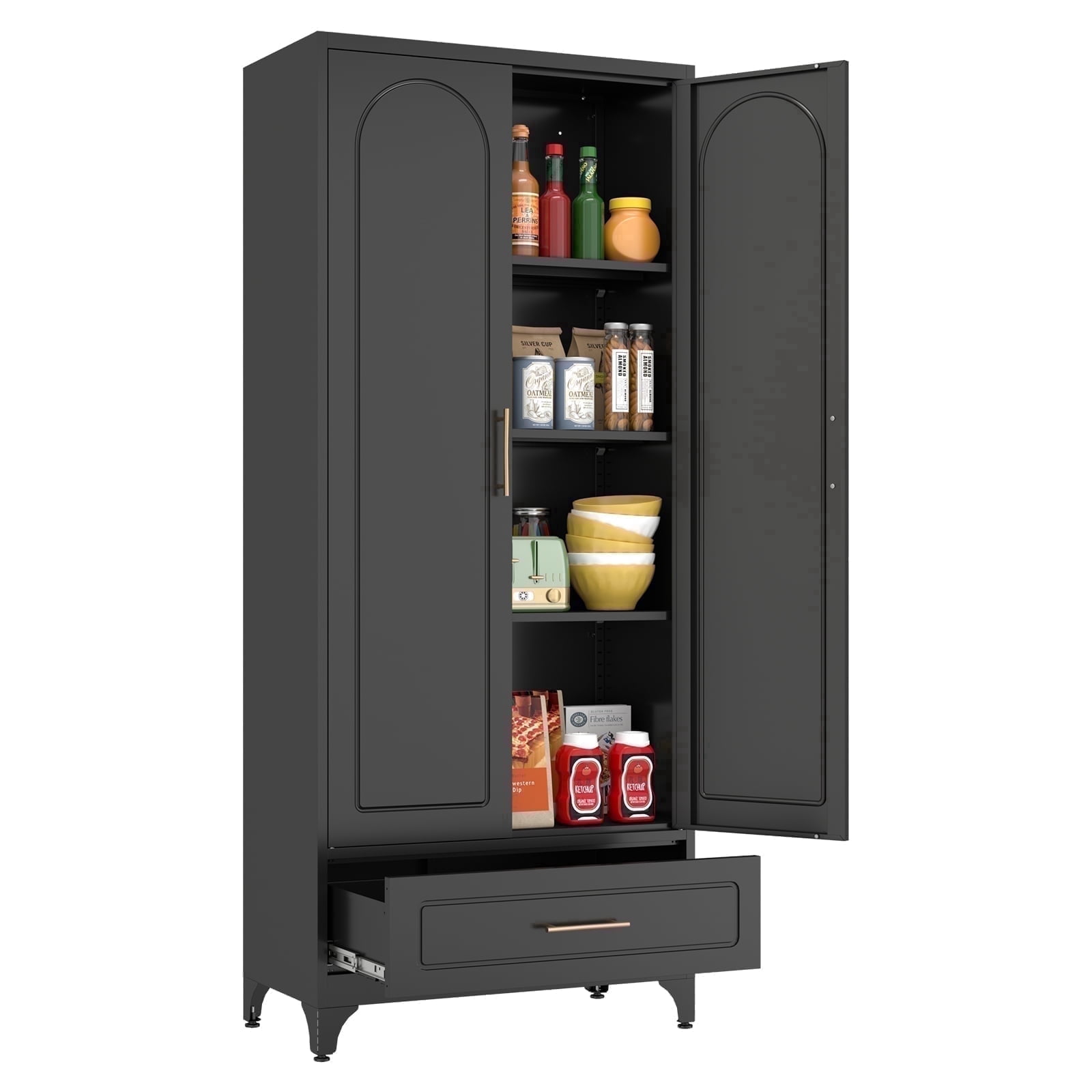 Polup 75" H Metal Black Kitchen Pantry Storage Cabinets with Drawers, Doors and Shelves, Steel Large Cupboard