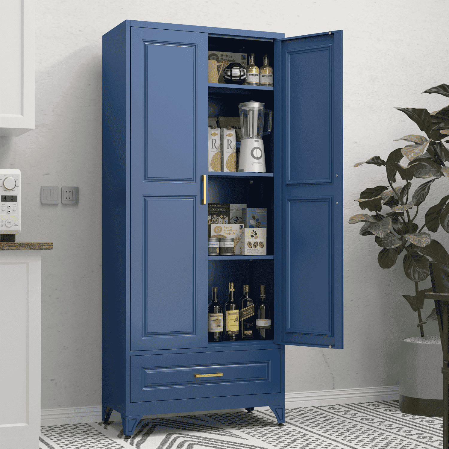 Polup 75" H Blue Kitchen Pantry Storage Cabinets with Drawers, Doors and Adjustable Shelves, Steel Large Cupboard