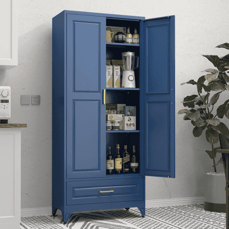 Polup 75" H Blue Kitchen Pantry Storage Cabinets with Drawers, Doors and Adjustable Shelves, Steel Large Cupboard