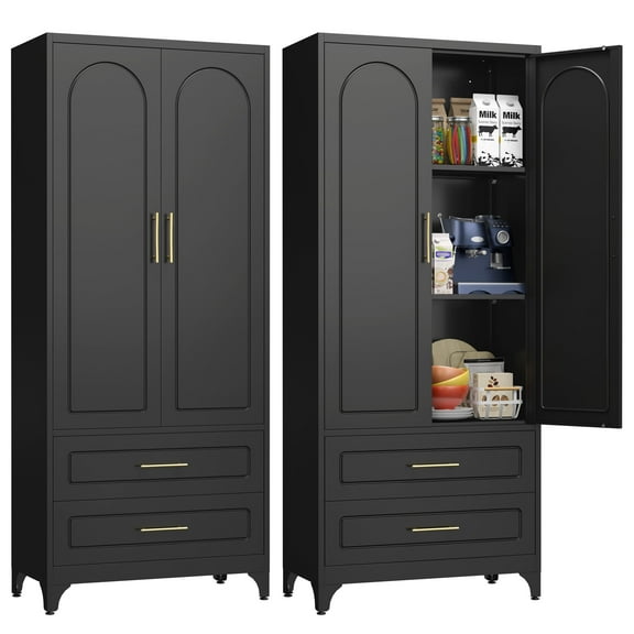 Polup 75"H Kitchen Pantry Cabinet, Metal Pantry Cabinet with 2 Drawers, Black Food Cupboards, Storage Cabinets