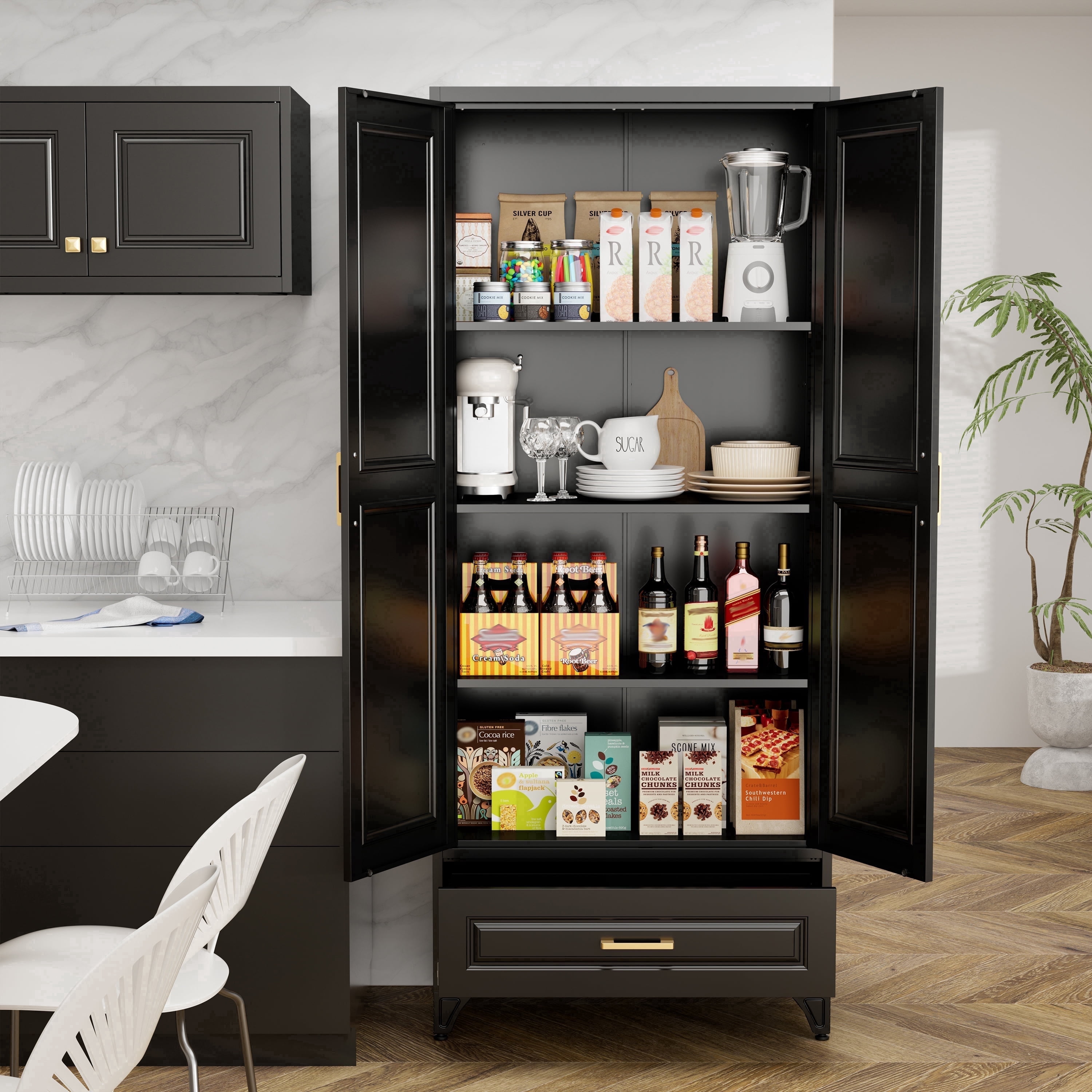 Polup 75"H Kitchen Pantry Cabinet, Metal Pantry Cabinet with Drawer, Storage Cabinets with Adjustable Shelves, Black Food Cupboards, Adult