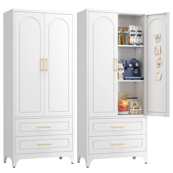 Polup 75"H Kitchen Pantry Cabinet, Metal Pantry Cabinet with 2 Drawers, Food Cupboards, Storage Cabinets with Shelves