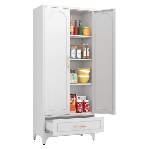 Polup 75" H White Kitchen Pantry Storage Cabinets with Drawers, Doors and Shelves, Steel Large Cupboard