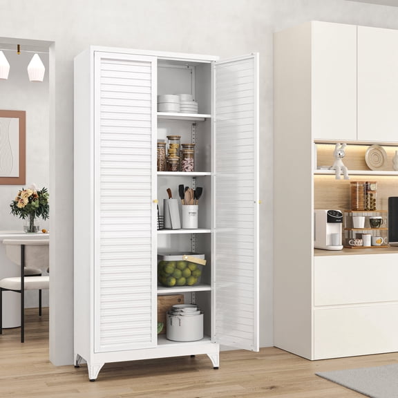 Polup 75" Height Metal white Storage Cabinet, Modern Tall Steel Pantry Cupboard with 2 Doors and Adjustable Shelves for Kitchen Garage and Home
