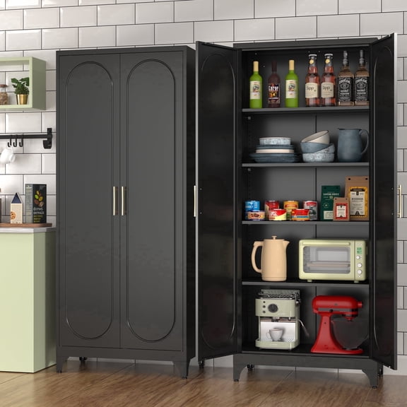 Polup Modern Metal Pantry Cabinet, 75" H, Adjustable Shelves and Doors, Black