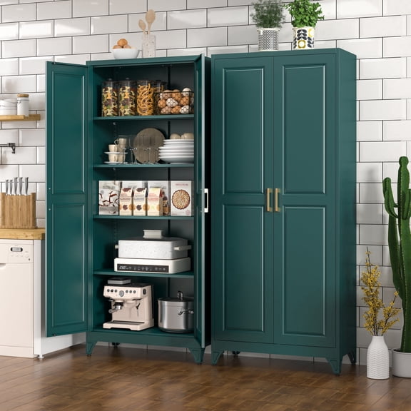 Polup 75" Height Metal Green Storage Cabinet, Modern Tall Steel Pantry Cupboard with 2 Doors and Adjustable Shelves for Kitchen Garage and Home