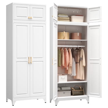 Polup 86" H Modern Steel Sturdy Armoire Cabinet with Shelves and Hanging Rod, Bedroom Wardrobe Closet with Doors White