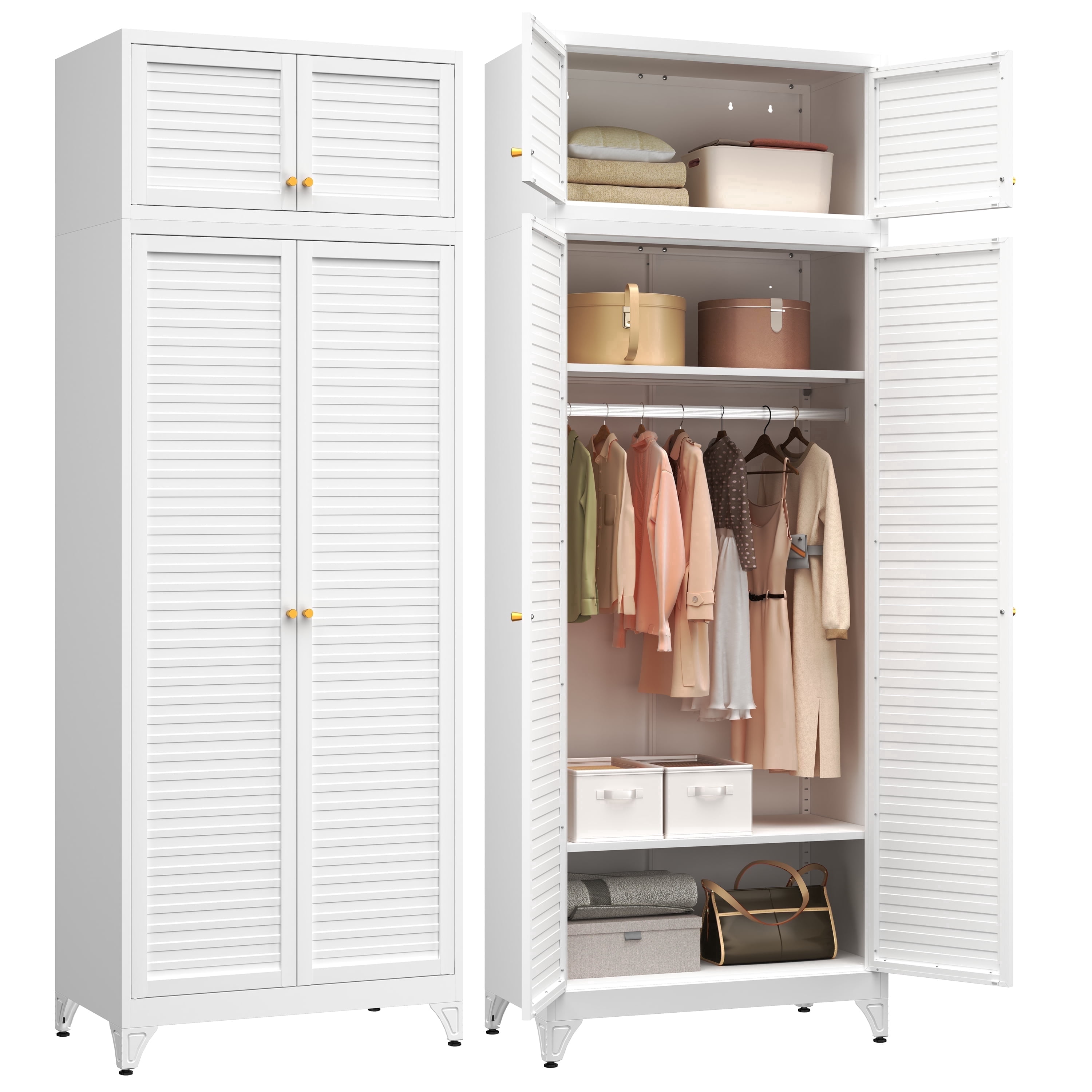 Polup 86" H Adult Steel Wardrobe Closet, Modern Sturdy White Armoire Cabinet with Hanging Rod & Shelves for Adult Bedroom