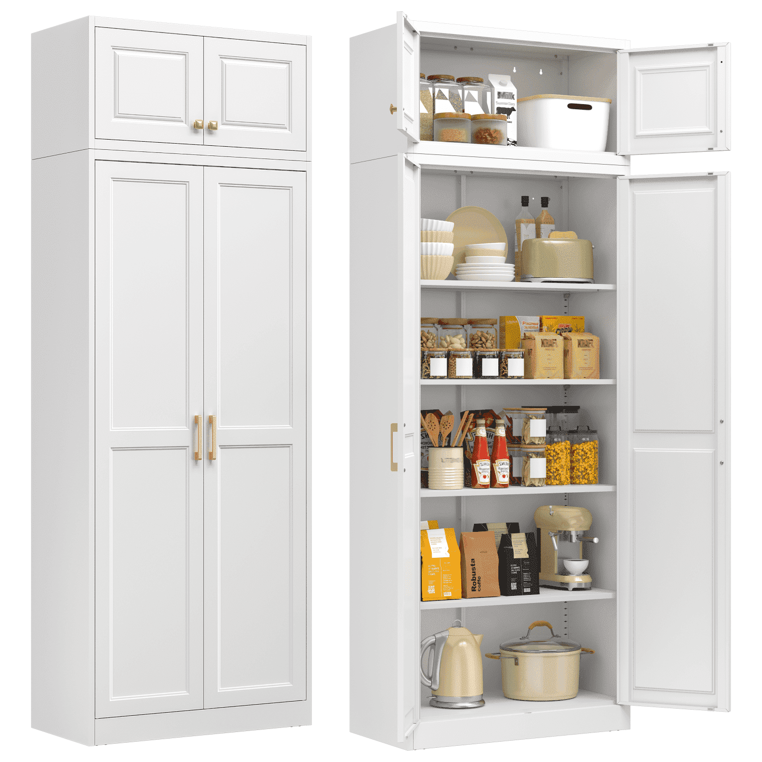 Polup 86" Height Modern Metal Pantry Storage Cabinet with Doors and Adjustable Shelves White for Living Room Kitchen and Home