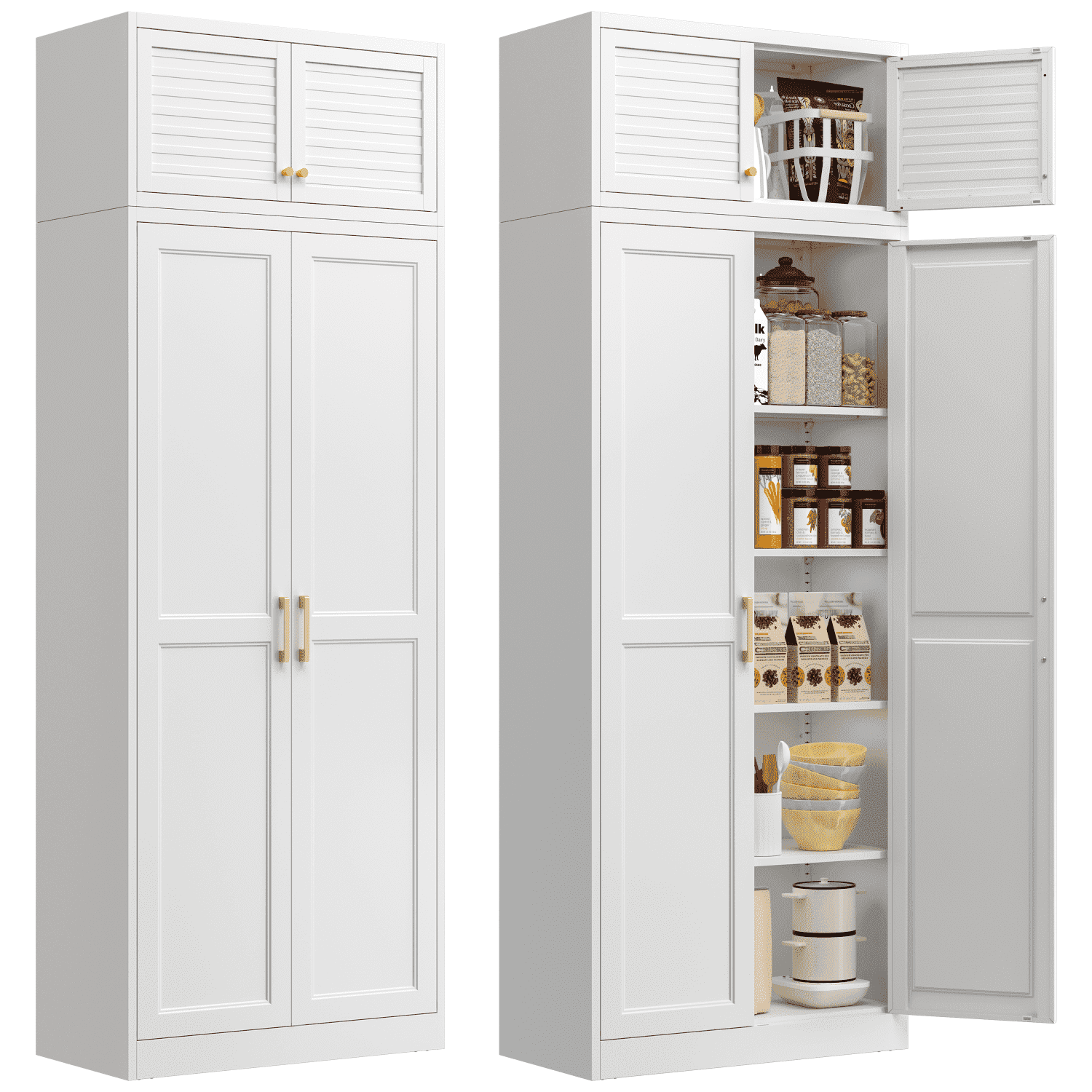 Polup 86" Height Modern Metal Pantry Storage Cabinet with Doors and Adjustable Shelves White for Living Room Kitchen and Home