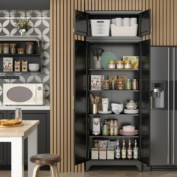 Polup 90" Height Modern Metal Pantry Storage Cabinet with Doors and Adjustable Shelves Black for Living Room Kitchen and Home