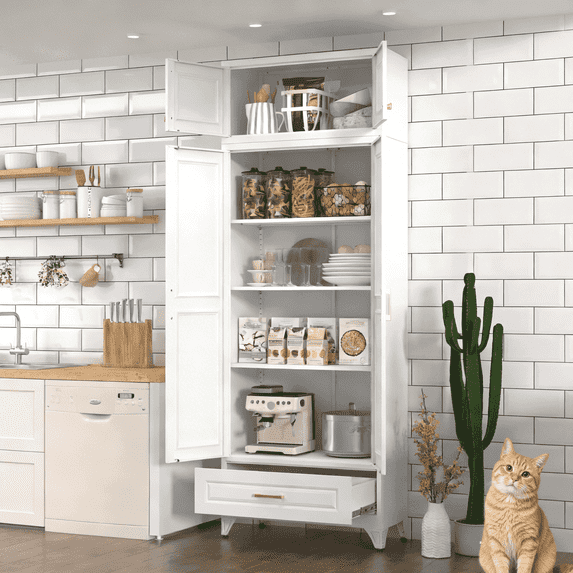 Polup Freestanding Metal Pantry Cabinet, 90 Inch Height, 1 Drawer, 4 Doors, Adjustable Shelves, White, 1-Pack