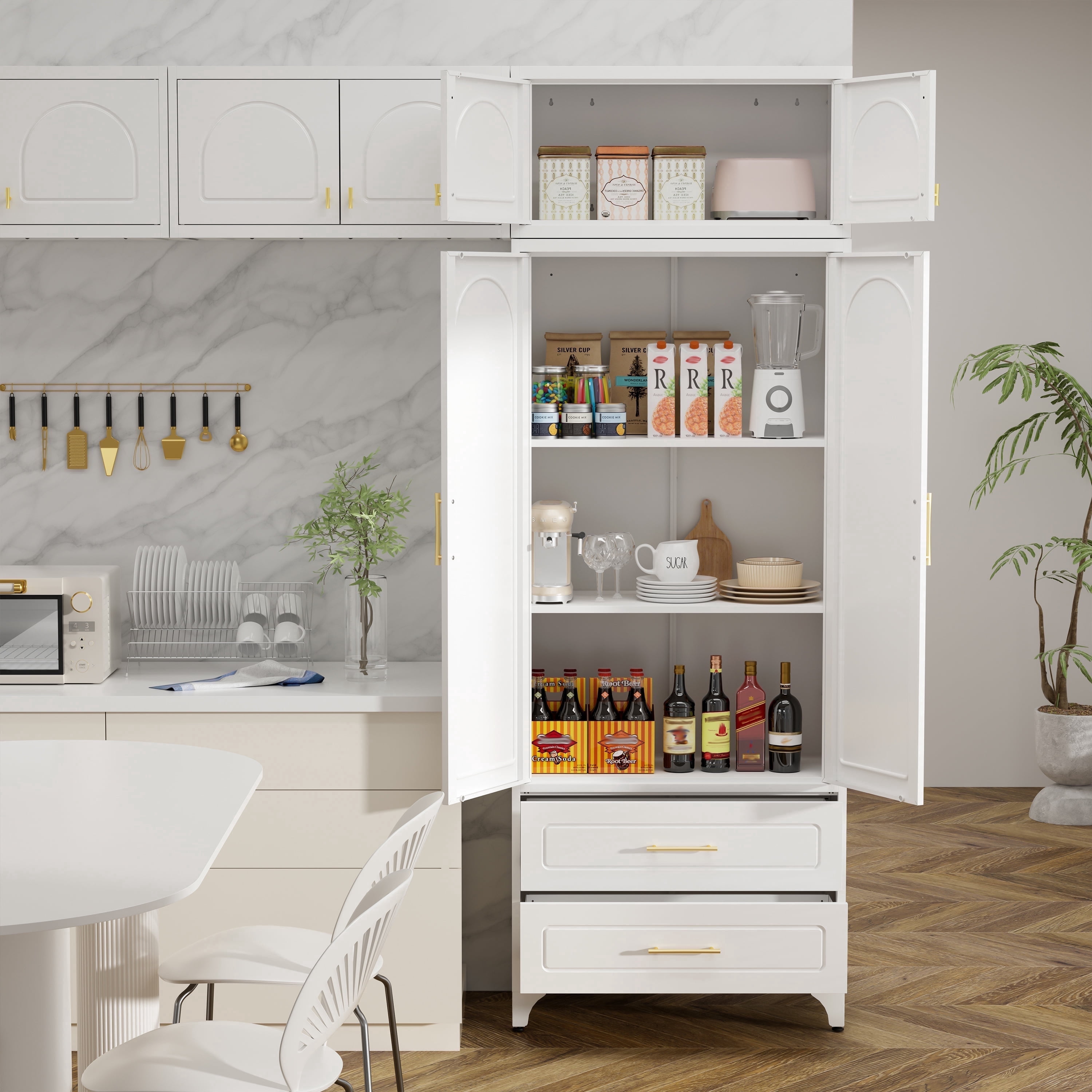 Polup 90" Tall Pantry Cabinet with Two Drawers, Kitchen Metal Storage Cabinets with Doors and Shelves,White, Assembly Required