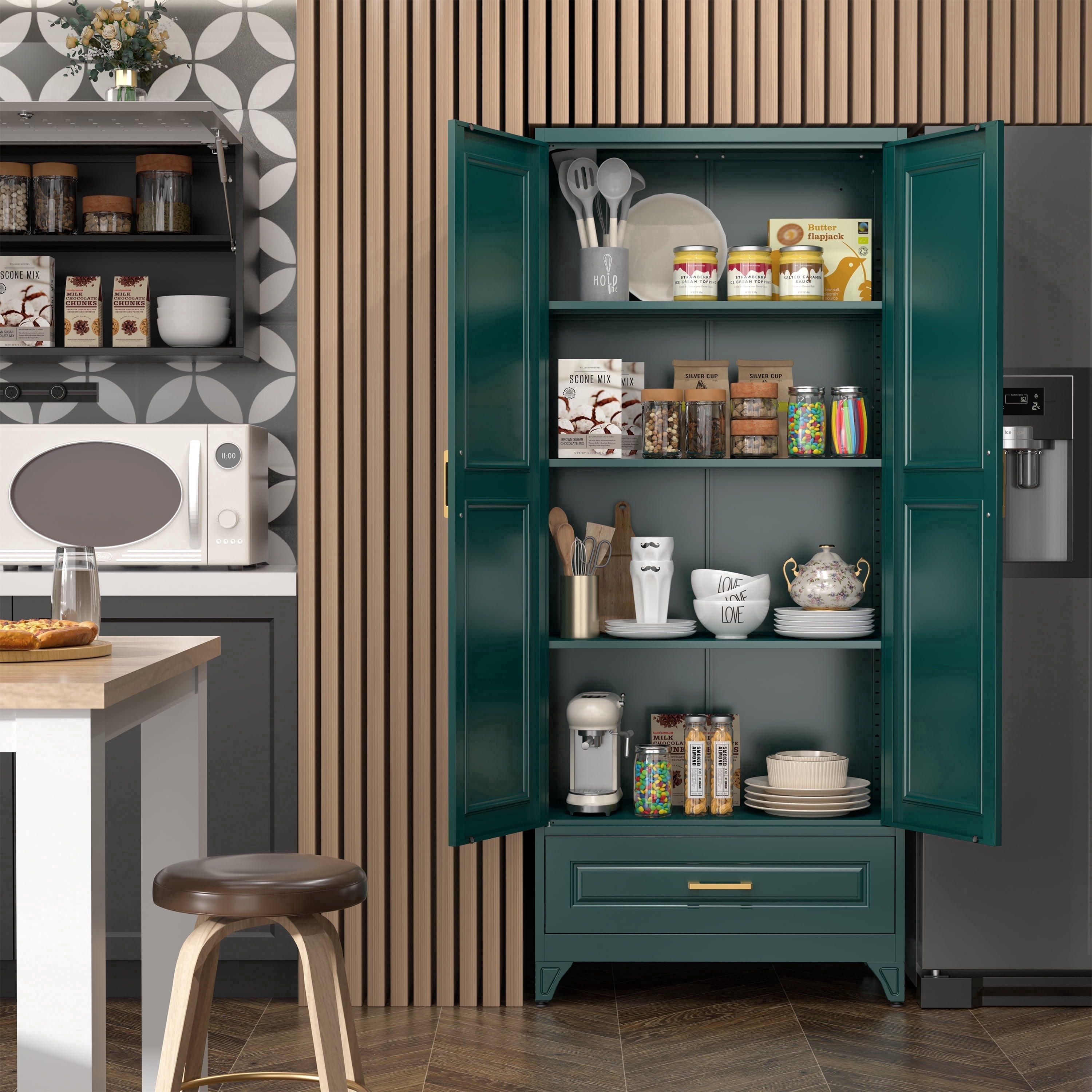 Polup 75"H Kitchen Pantry Cabinet with Drawer, Green Metal Storage Cabinets with Doors, Kitchen Pantry Cabinet, Adult, Food Cupboard with Doors