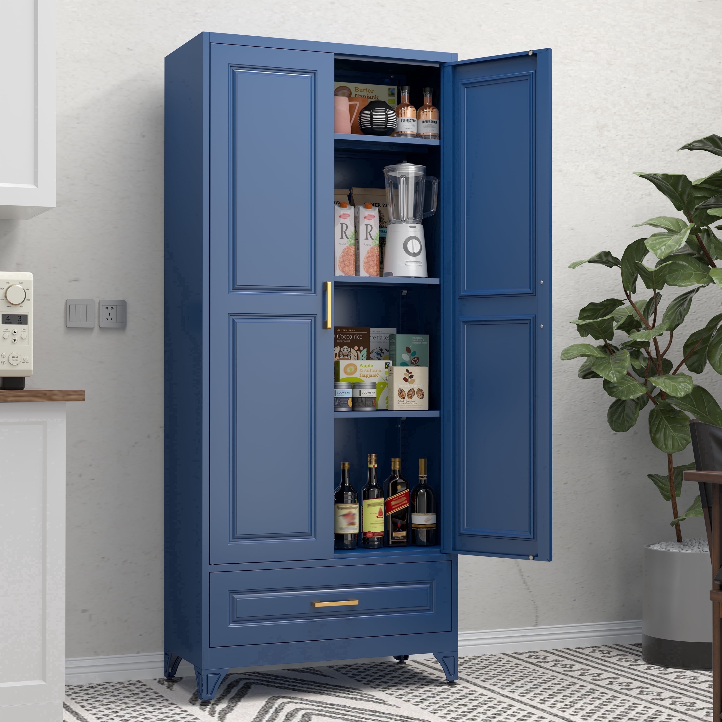Polup Kitchen Pantry Cabinet, Metal Storage Cabinets, 75"Height Pantry Cabinets with Drawer, Food Cupboard with Doors,Blue