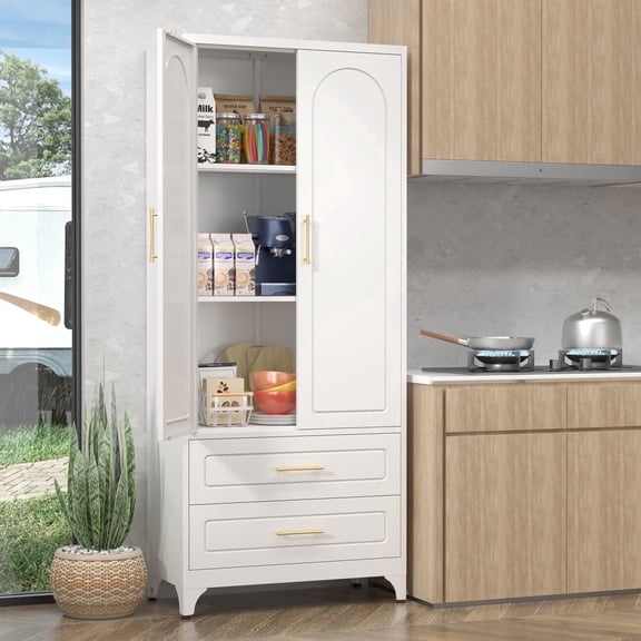 Polup Kitchen Pantry Cabinet 75 Inch Tall with 2 Drawers Doors Adjustable Shelves Metal White